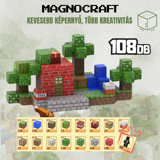 MagnoCraft - 108 db-os mágneses készségfejlesztő készlet  ""RelytettTéglaház"